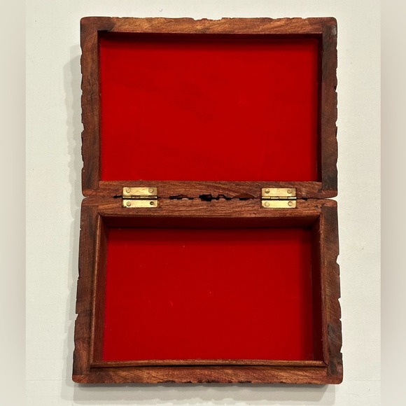 Carved Wooden Sun and Moon Hinged Box Red Velvet Lined Trinket Jewelry Box - Picture 4 of 5